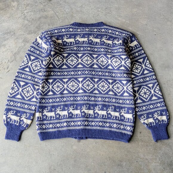 Vintage Norway Design Handknit Blue White Fair Isle Moose Wool Cardigan Sweater - Picture 10 of 10